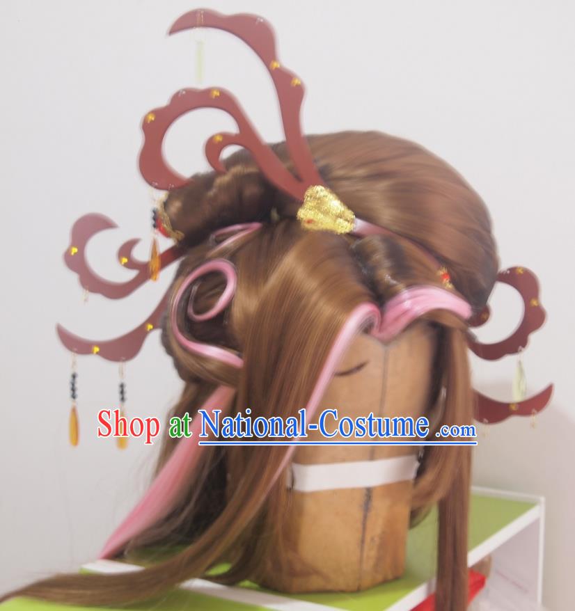 China Cosplay Goddess Hairpieces Ancient Queen Brown Wigs Headdress Traditional Puppet Show Bu Chenxiang Hair Accessories