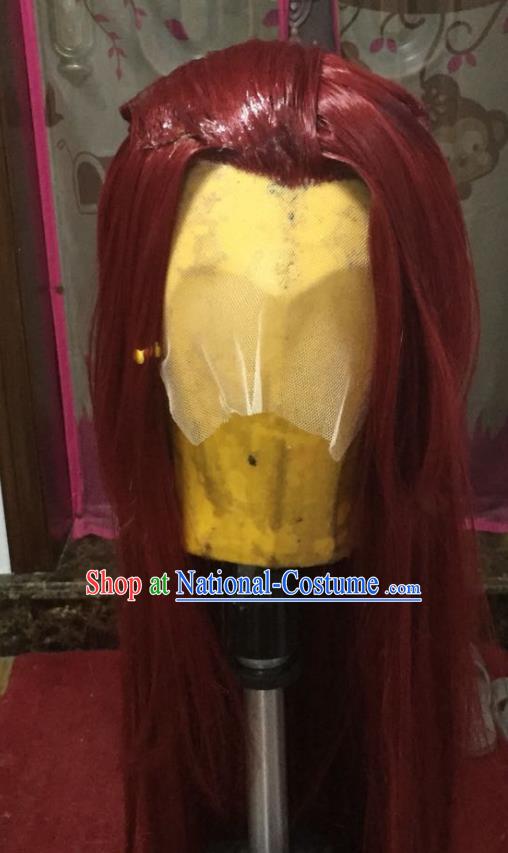 Chinese Traditional Puppet Show Rong Tian Red Wigs Hairpieces Ancient Young Hero Periwig Hair Accessories Handmade Cosplay Swordsman Headdress