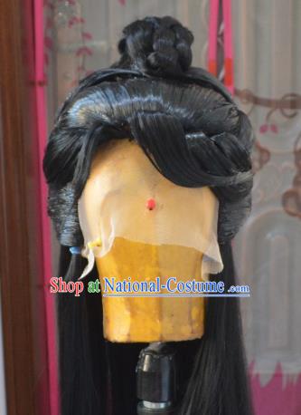 Chinese Handmade Cosplay Swordsman Headdress Traditional Puppet Show Xie Fengdi Black Wigs Hairpieces Ancient Young Hero Periwig Hair Accessories