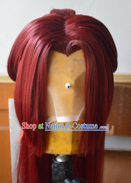 Chinese Traditional Puppet Show Red Wigs Hairpieces Ancient Chivalrous Male Periwig Hair Accessories Handmade Cosplay Swordsman Headdress