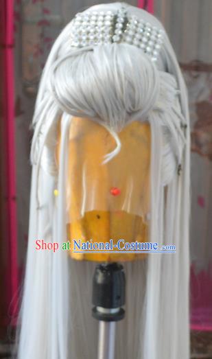 Chinese Handmade Cosplay Swordsman Headdress Traditional Puppet Show Gray Wigs Hairpieces Ancient Patriarch Periwig Hair Accessories