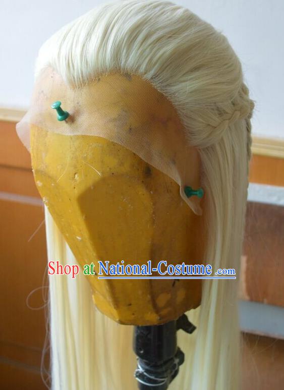 Chinese Traditional Puppet Show Prince Golden Wigs Hairpieces Ancient Young Knight Periwig Hair Accessories Handmade Cosplay Swordsman Headdress