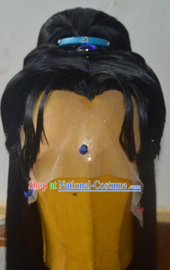 Chinese Traditional Puppet Show Young Hero Black Wigs Hairpieces Ancient Swordsman Periwig Hair Accessories Handmade Cosplay Chivalrous Male Headdress