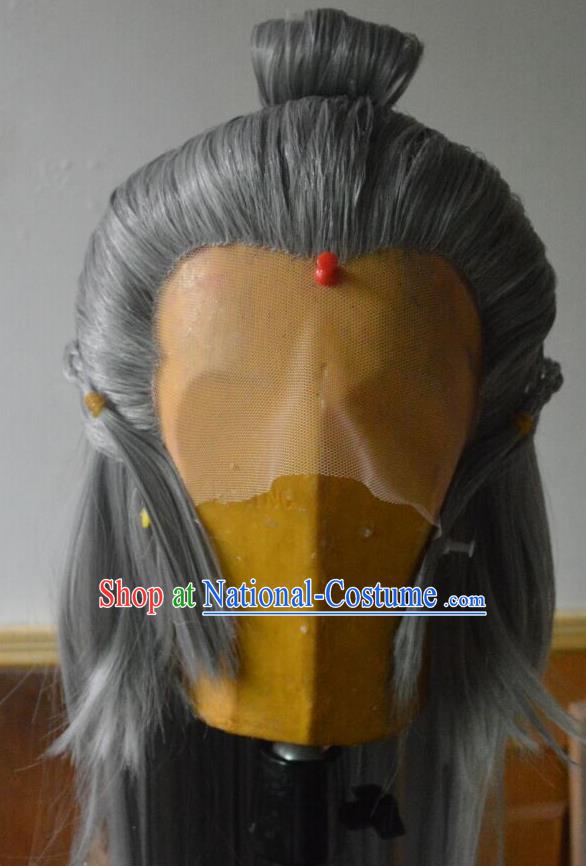 Chinese Handmade Cosplay Elderly Male Headdress Traditional Puppet Show Master Grey Wigs Hairpieces Ancient Swordsman Periwig Hair Accessories