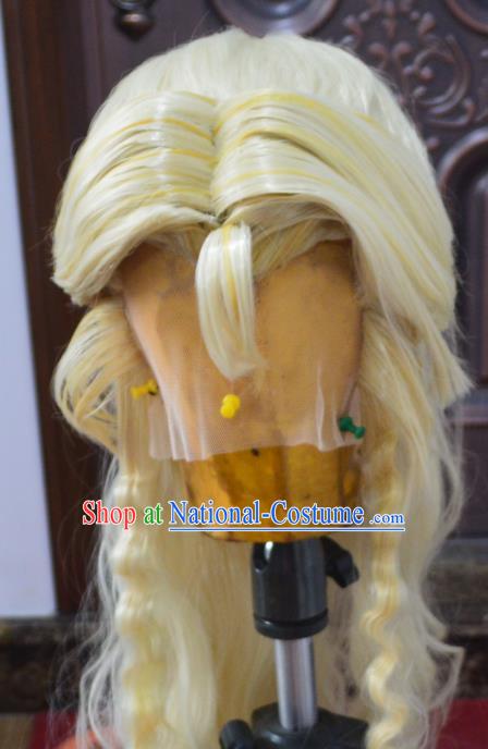 Chinese Handmade Cosplay Young Knight Headdress Traditional Puppet Show Golden Wigs Hairpieces Ancient Hero Periwig Hair Accessories