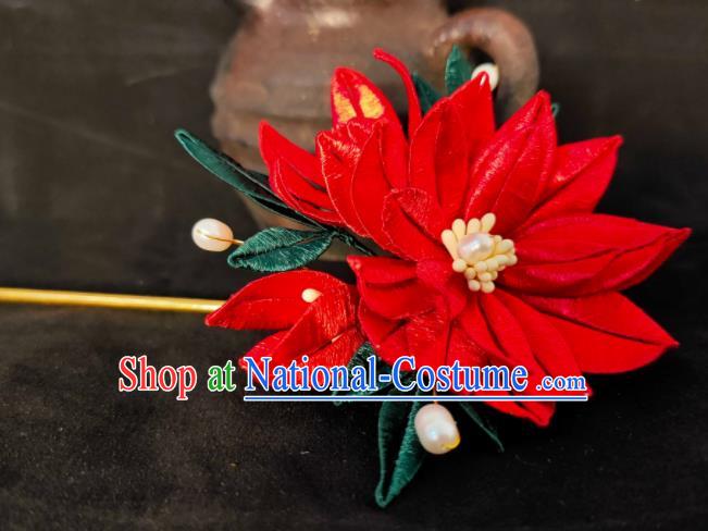 China Ancient Imperial Consort Red Flower Hairpin Traditional Hanfu Hair Accessories Cosplay Princess Hair Stick