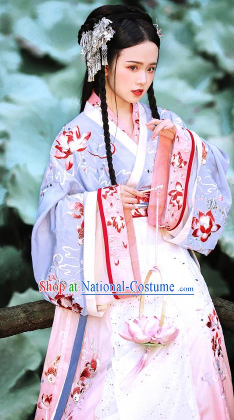 China Jin Dynasty Imperial Consort Hanfu Dress Apparels Traditional Court Historical Clothing Ancient Young Beauty Garment Costumes Complete Set