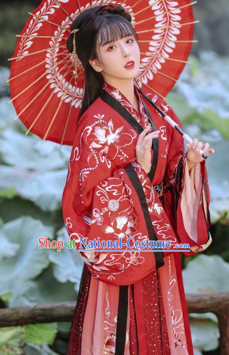 China Ancient Princess Garment Costumes Jin Dynasty Palace Beauty Red Hanfu Dress Apparels Traditional Wedding Historical Clothing