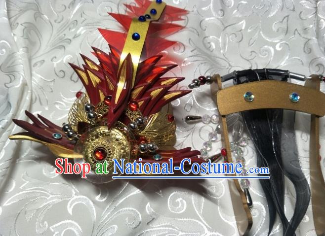 Chinese Traditional Puppet Show King Red Hairdo Crown Ancient Young Hero Hair Accessories Handmade Cosplay Swordsman Headpieces