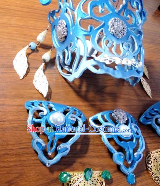 Chinese Ancient Young Childe Hair Accessories Handmade Cosplay Swordsman Headpieces Traditional Puppet Show Prince Blue Hairdo Crown