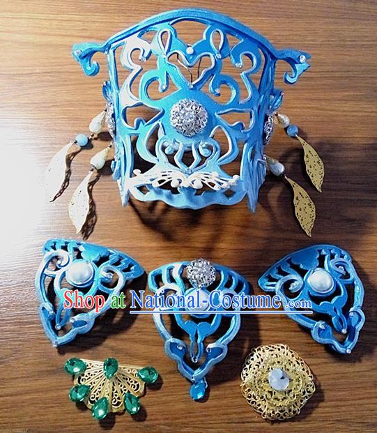 Chinese Ancient Young Childe Hair Accessories Handmade Cosplay Swordsman Headpieces Traditional Puppet Show Prince Blue Hairdo Crown