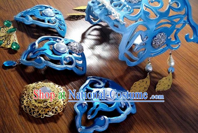 Chinese Ancient Young Childe Hair Accessories Handmade Cosplay Swordsman Headpieces Traditional Puppet Show Prince Blue Hairdo Crown