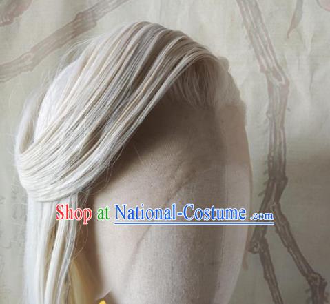 Chinese Handmade Cosplay Swordsman Hairpieces Traditional Hanfu Male Front Lace Beige Wigs Headdress Ancient Knight Hair Accessories