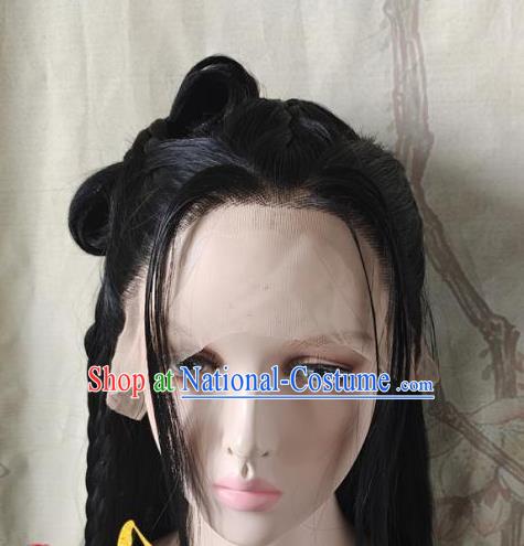 China Cosplay Female Knight Gu Xiang Front Lace Wigs Headwear Ancient Swordswoman Hairpieces Traditional Song Dynasty Young Lady Hair Accessories