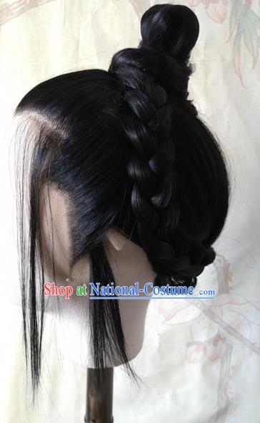 Chinese Handmade Cosplay Prince Hairpieces Qin Dynasty Young Childe Front Lace Wigs Headdress Ancient Swordsman Hair Accessories