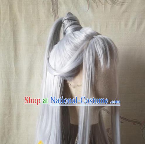 Chinese Ancient Swordsman Hair Accessories Handmade Cosplay Taoist Priest Hairpieces Jin Dynasty Elderly Male Front Lace Wigs Headdress