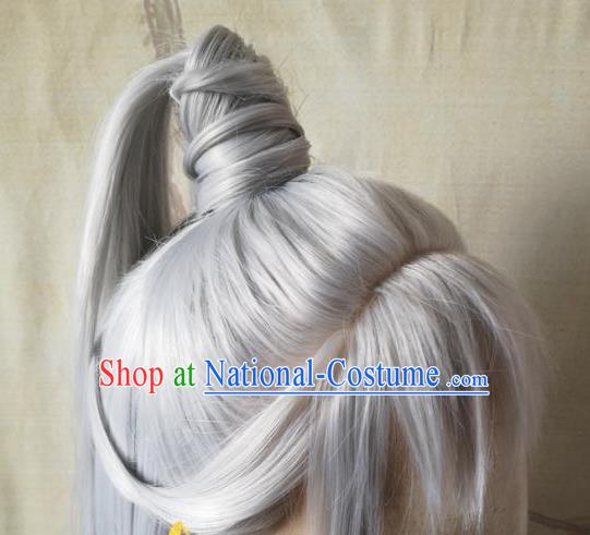 Chinese Ancient Swordsman Hair Accessories Handmade Cosplay Taoist Priest Hairpieces Jin Dynasty Elderly Male Front Lace Wigs Headdress