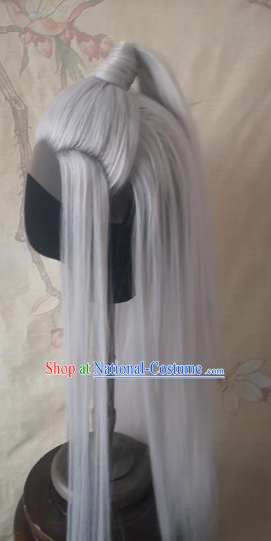 Chinese Ancient Taoist Priest Hair Accessories Handmade Cosplay Swordsman Hairpieces Traditional Hanfu Gray Front Lace Wigs Headdress