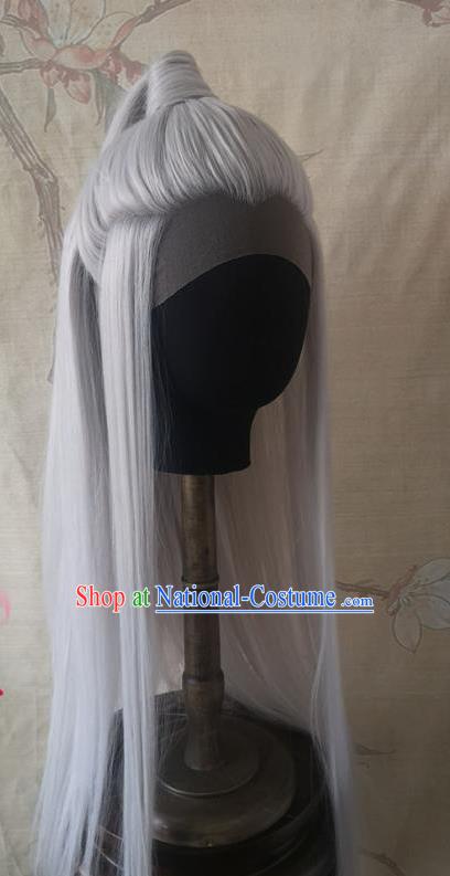 Chinese Ancient Taoist Priest Hair Accessories Handmade Cosplay Swordsman Hairpieces Traditional Hanfu Gray Front Lace Wigs Headdress