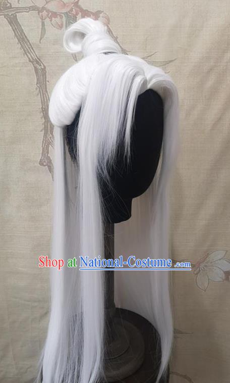 Chinese Handmade Cosplay Swordsman Hairpieces Traditional Hanfu White Wigs Headdress Ancient Young Childe Hair Accessories