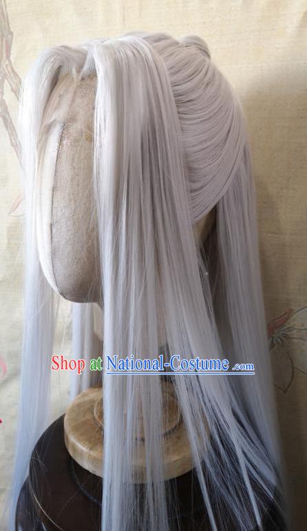 Chinese Traditional Hanfu Handmade Gray Front Lace Wigs Headdress Ancient Noble Childe Hair Accessories Cosplay Swordsman Hairpieces