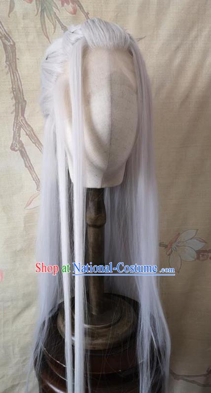 Chinese Ancient Taoist Priest Hair Accessories Cosplay Swordsman Hairpieces Traditional Gray Handmade Front Lace Wigs Headdress