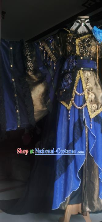 China Traditional Puppet Show Demon King Garment Costumes Cosplay Swordsman Apparels Ancient Royal Highness Blue Robe Clothing