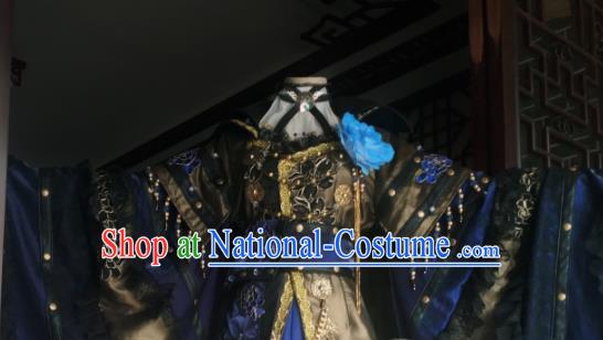 China Traditional Puppet Show Demon King Garment Costumes Cosplay Swordsman Apparels Ancient Royal Highness Blue Robe Clothing