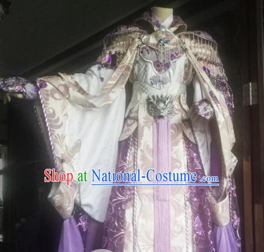 China Ancient Royal Highness Violet Robe Clothing Traditional Puppet Show King Garment Costumes Cosplay Swordsman Apparels