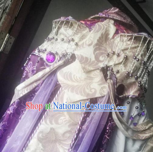 China Ancient Royal Highness Violet Robe Clothing Traditional Puppet Show King Garment Costumes Cosplay Swordsman Apparels