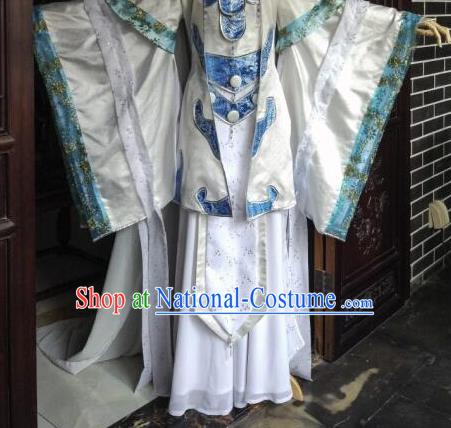 China Cosplay King Apparels Ancient Royal Highness White Robe Clothing Traditional Puppet Show Yu Xingyi Garment Costumes