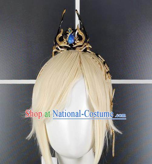 Chinese Ancient Swordsman Hairdo Crown Hair Accessories Cosplay Young Hero Hairpieces Traditional JX Online Golden Wigs Headdress