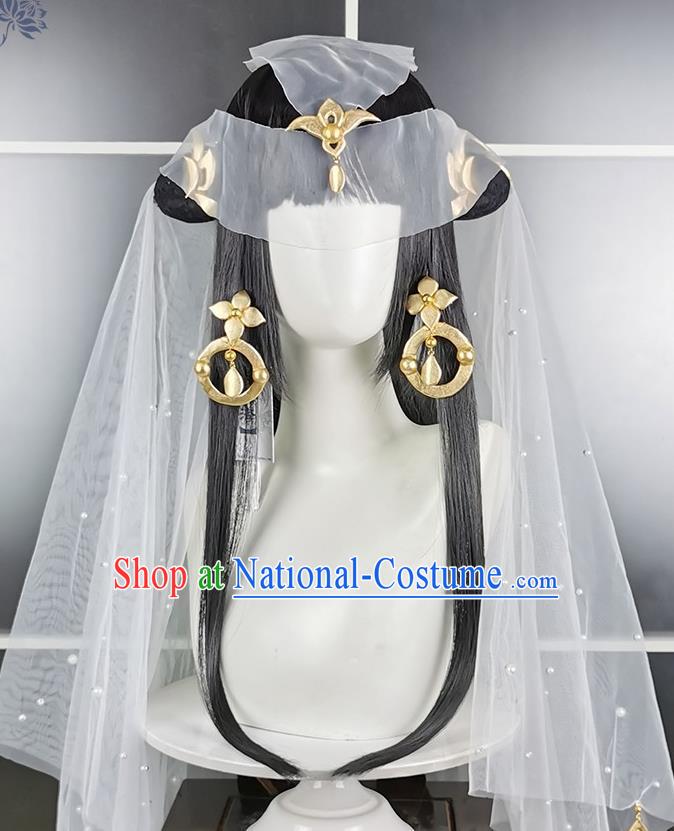 China Traditional Game Role Fairy Princess Hair Accessories Cosplay Imperial Consort Black Wigs and Hair Crown Headwear Ancient Young Beauty Hairpieces