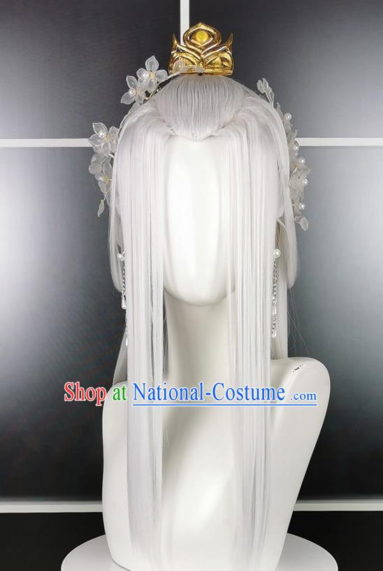 China Ancient Young Beauty Hairpieces Traditional Game Role Swordswoman Hair Accessories Cosplay Female Knight White Wigs and Hair Crown Headwear