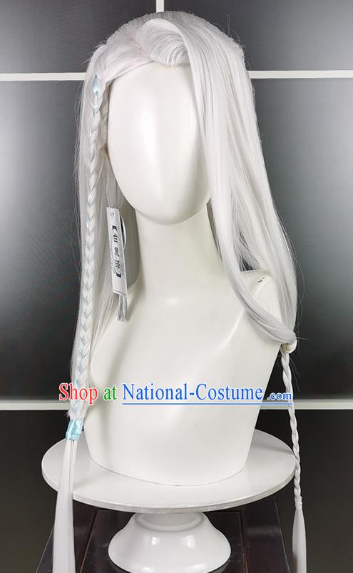 Chinese Traditional Hanfu White Wigs Headdress Ancient Swordsman Hair Accessories Cosplay Young Hero Hairpieces