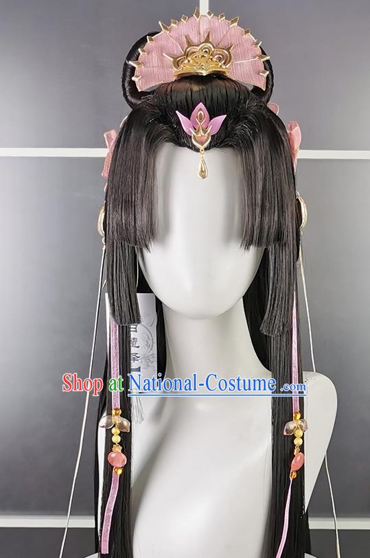 China Cosplay Fairy Princess Wigs and Hair Crown Headwear Ancient Young Beauty Hairpieces Traditional Game Role Swordswoman Hair Accessories