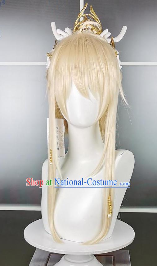 Chinese Traditional JX Online Young Hero Golden Wigs and Hairdo Crown Headdress Ancient Swordsman Hair Accessories Cosplay Dragon Prince Hairpieces