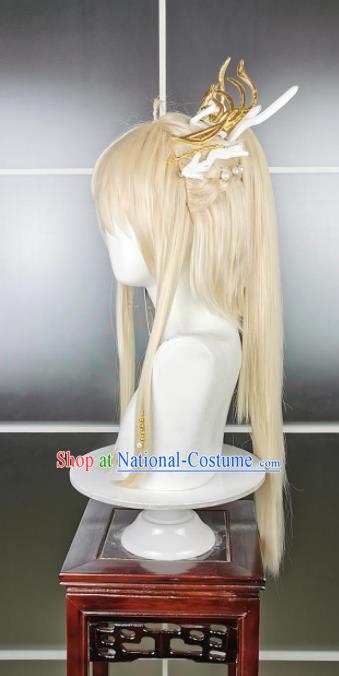 Chinese Traditional JX Online Young Hero Golden Wigs and Hairdo Crown Headdress Ancient Swordsman Hair Accessories Cosplay Dragon Prince Hairpieces