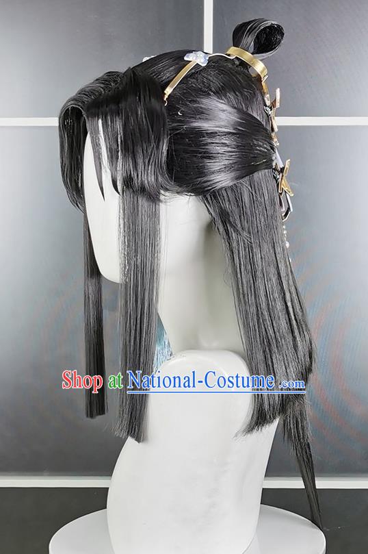 Chinese Cosplay Penglai Prince Hairpieces Traditional Handmade Front Lace Wigs Headdress Ancient Swordsman Hair Accessories