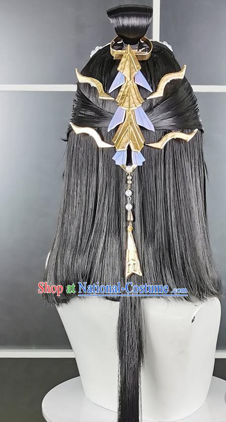 Chinese Cosplay Penglai Prince Hairpieces Traditional Handmade Front Lace Wigs Headdress Ancient Swordsman Hair Accessories