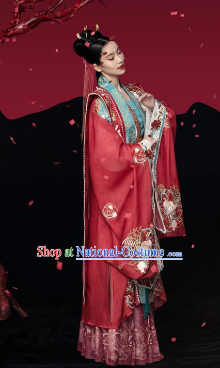 China Song Dynasty Empress Red Hanfu Dress Apparels Traditional Wedding Historical Clothing Ancient Court Beauty Garment Costumes