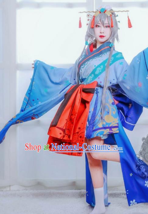 Top Cosplay Blue Kimono Dress Clothing Halloween Fancy Ball Garment Costume Cartoon Magic Queen Clothing