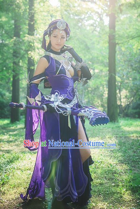 Custom Chinese Traditional Female Warrior Purple Dress Outfits Ancient Princess Clothing Cosplay Swordswoman Garment Costumes