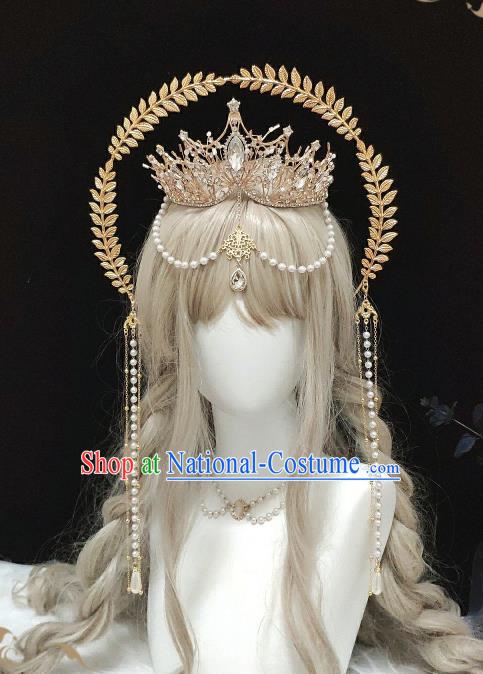 Handmade Baroque Queen Tiara Headpieces Cosplay Goddess Golden Royal Crown Halloween Performance Hair Accessories