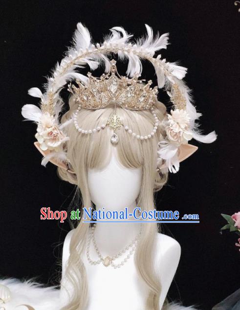 Handmade Baroque Queen Tiara and White Feather Aureole Headpieces Cosplay Goddess Royal Crown Halloween Performance Hair Accessories