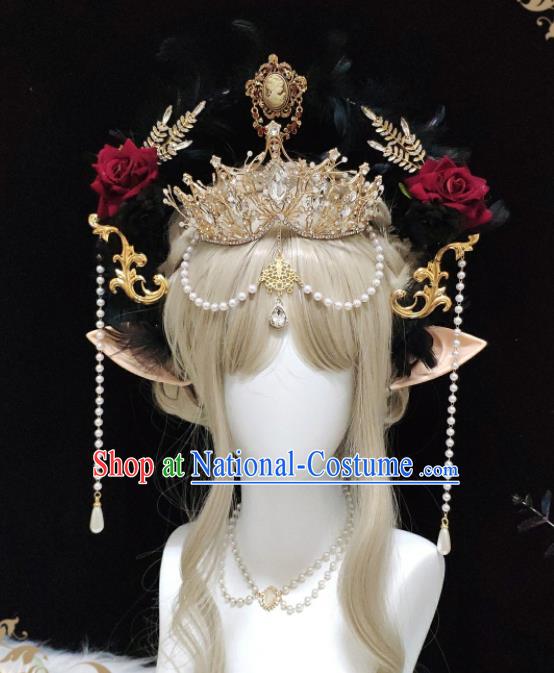 Handmade Cosplay Goddess Royal Crown Halloween Performance Hair Accessories Baroque Queen Tiara and Black Feather Aureole Headpieces