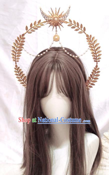 Handmade Baroque Queen Tiara Headdress Cosplay Angel Golden Royal Crown Retro Goddess Hair Accessories