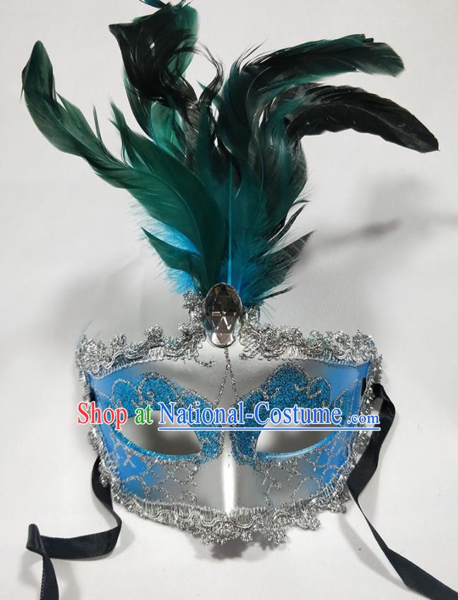 Handmade Halloween Feather Headdress Cosplay Angel Blue Mask Masque Face Accessories