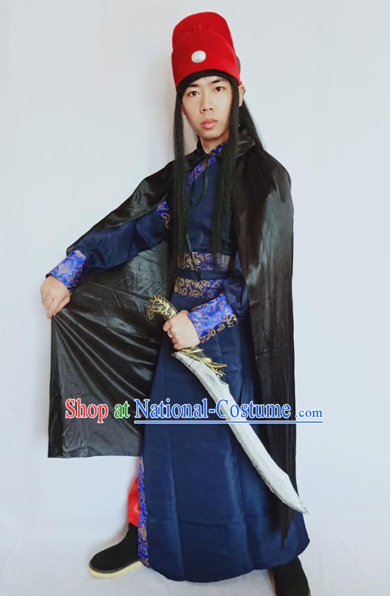 Top China Ancient Swordsman Blue Robe Apparels Cosplay Imperial Bodyguard Clothing Ming Dynasty Knight Garment Costumes and Hat