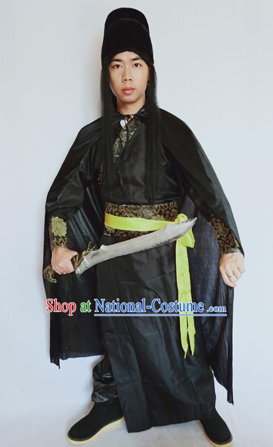 Top China Ming Dynasty Knight Garment Costumes Ancient Swordsman Black Robe Apparels Cosplay Imperial Bodyguard Clothing and Hat